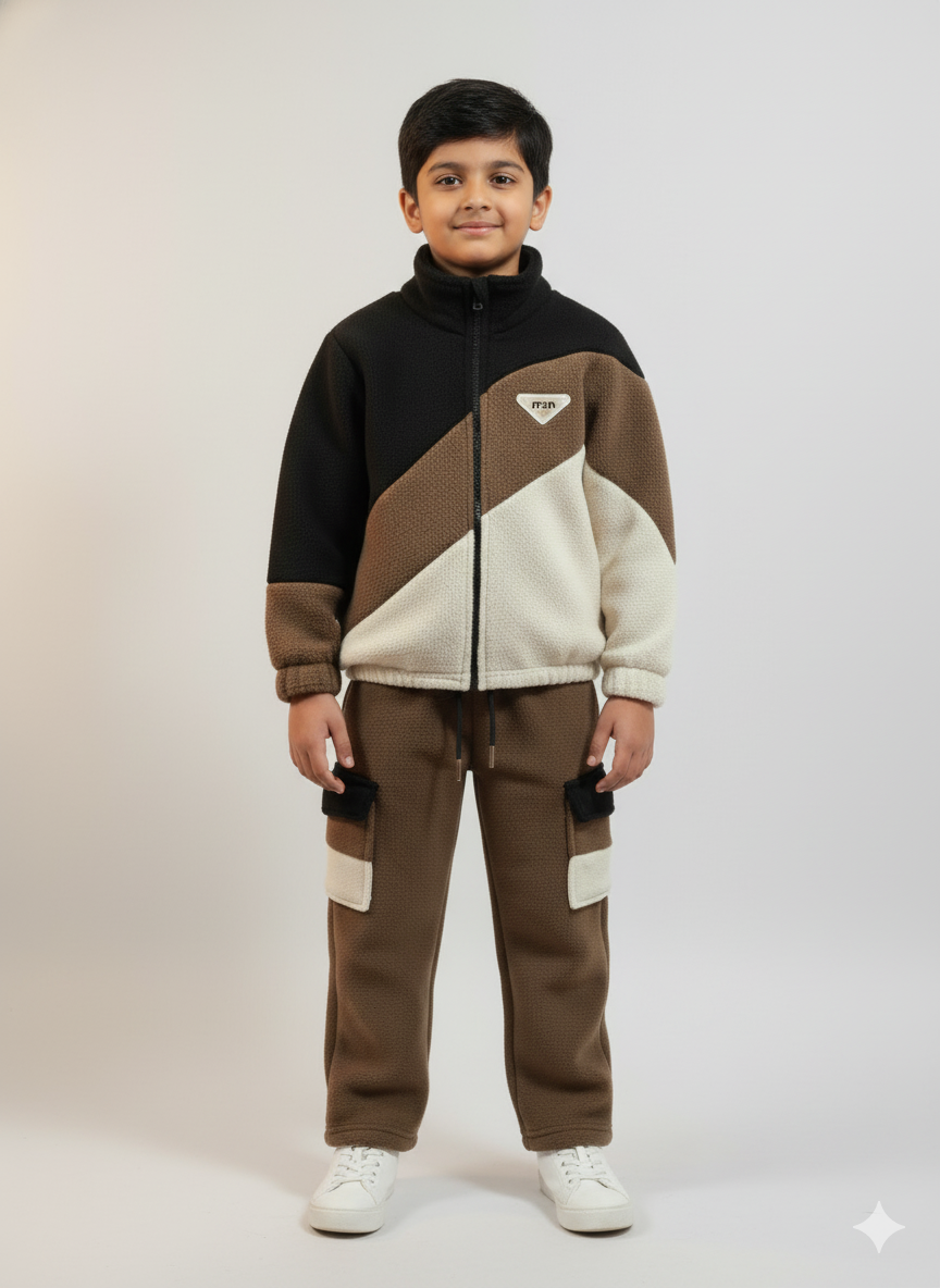 Kids Colorblock Winter Set – Cozy Zip-Up Jacket & Jogger Pants (Cream, Brown & Black)