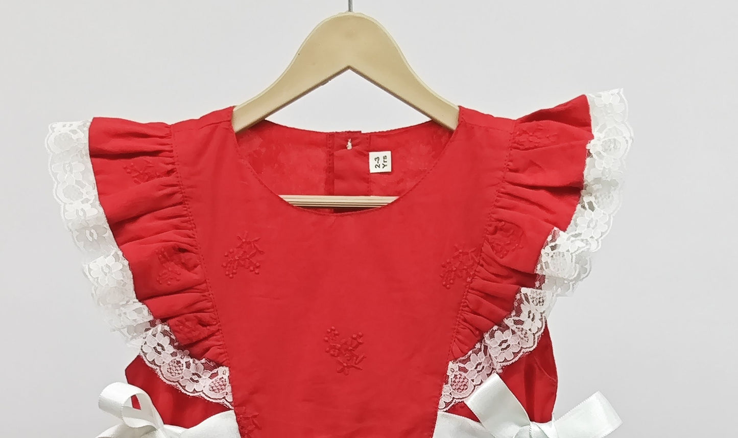 MINITODDLER-Red Baby Girl Party Dress with Lace Detailing