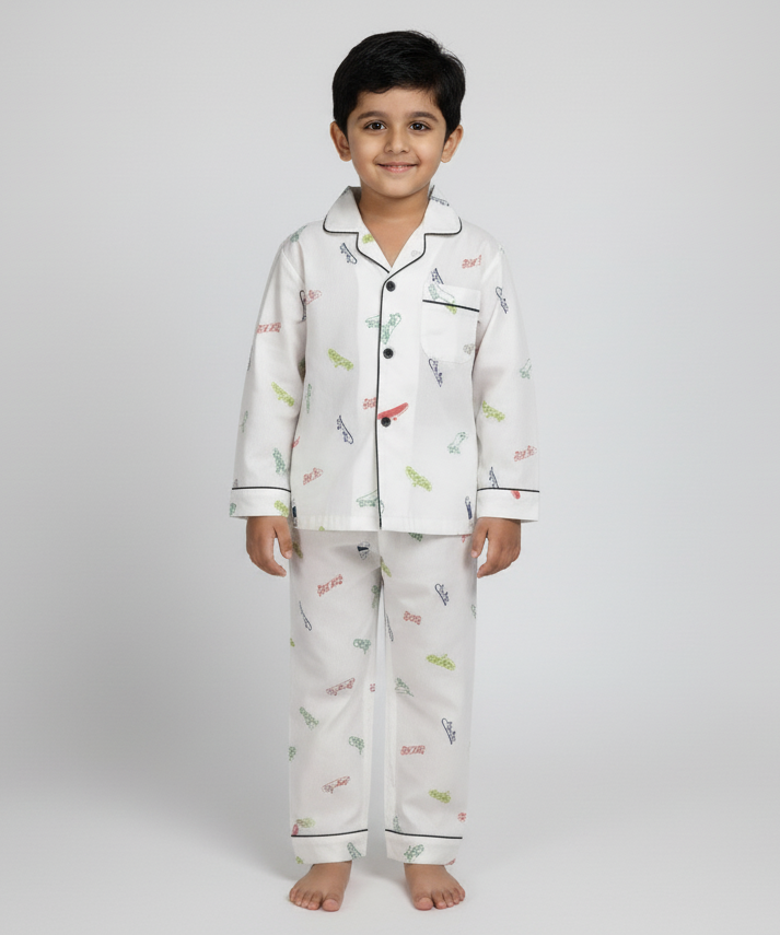 Unisex Kids' Cotton Pajama Set – White with Colorful Skateboard Print (For Boys & Girls)