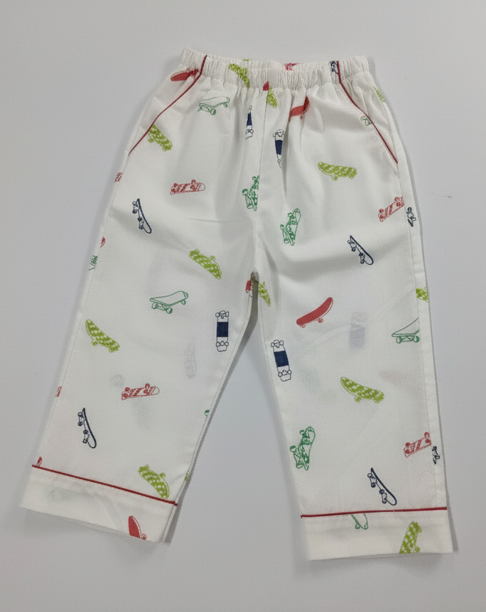 Unisex Kids' Cotton Pajama Set – White with Colorful Skateboard Print (For Boys & Girls)