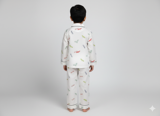 Unisex Kids' Cotton Pajama Set – White with Colorful Skateboard Print (For Boys & Girls)