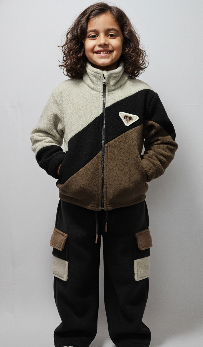 Kids Colorblock Winter Set – Cozy Zip-Up Jacket & Jogger Pants (Cream, Brown & Black)