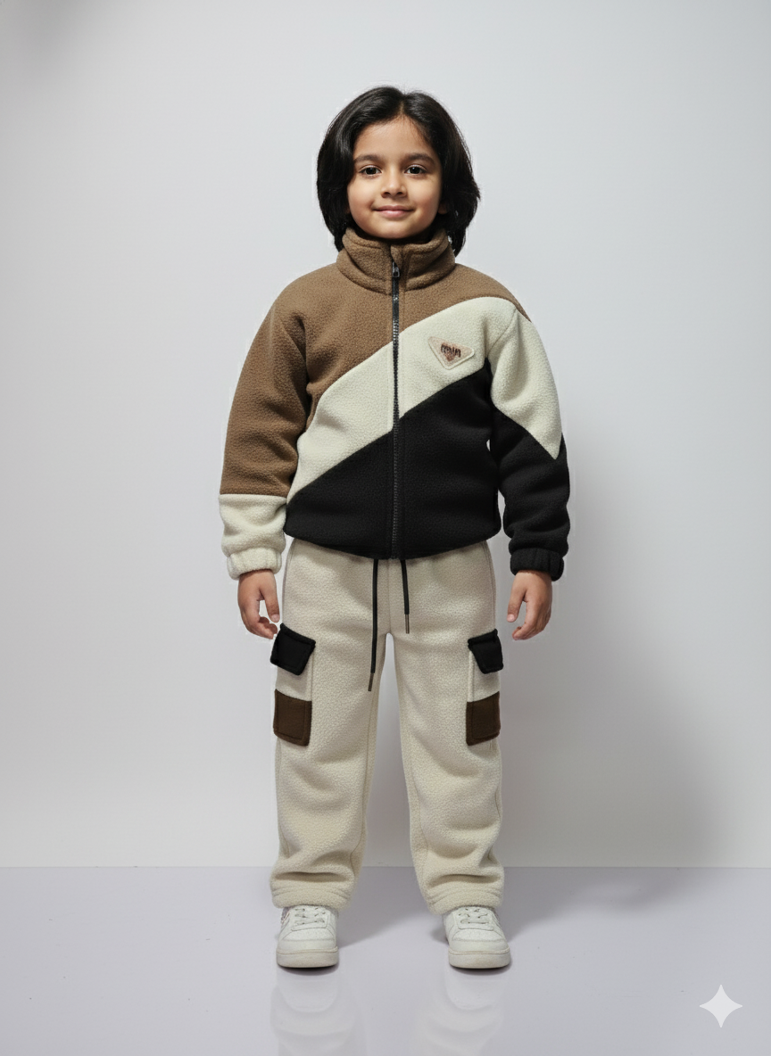 Kids Colorblock Winter Set – Cozy Zip-Up Jacket & Jogger Pants (Cream, Brown & Black)