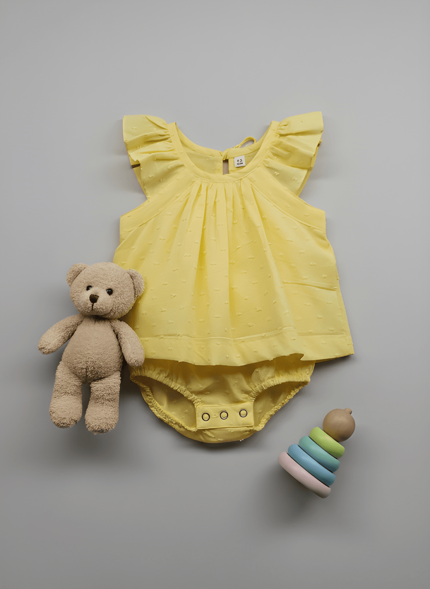 Sunshine Yellow Ruffle-Sleeve Baby Set with Swiss Dot Texture