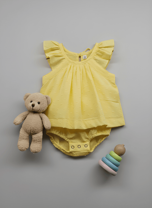 Sunshine Yellow Ruffle-Sleeve Baby Set with Swiss Dot Texture