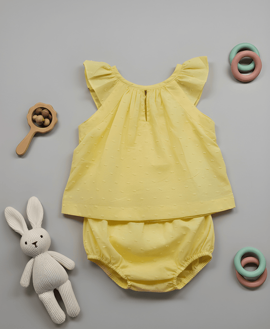 Sunshine Yellow Ruffle-Sleeve Baby Set with Swiss Dot Texture
