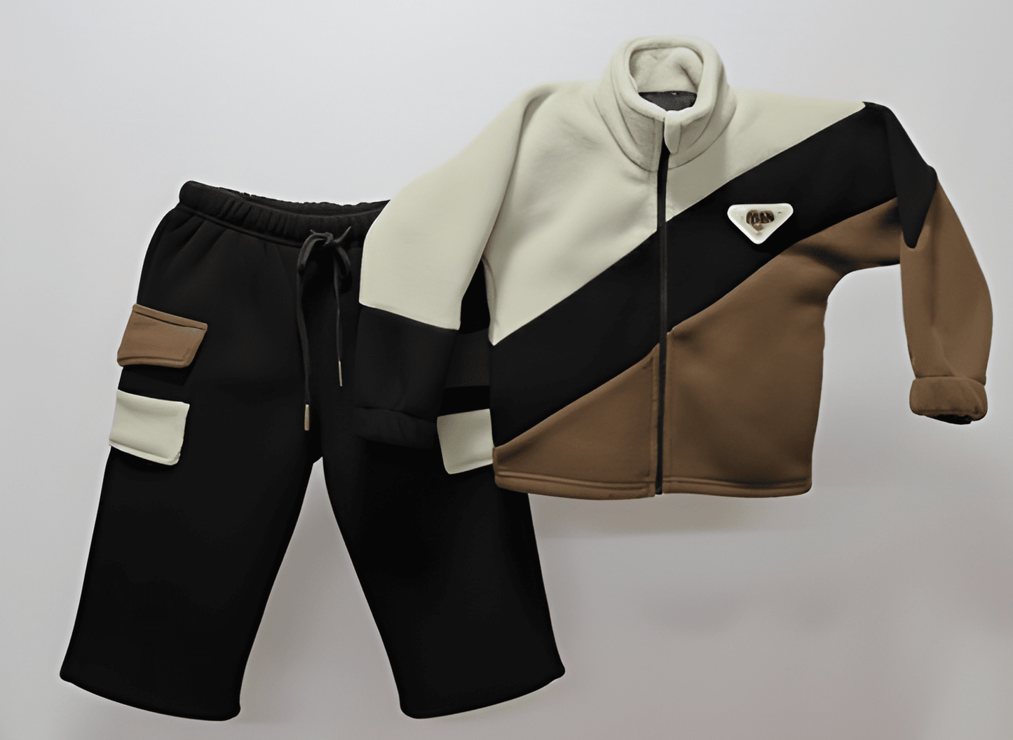 Kids Colorblock Winter Set – Cozy Zip-Up Jacket & Jogger Pants (Cream, Brown & Black)