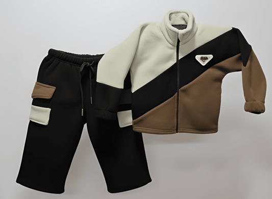 Kids Colorblock Winter Set – Cozy Zip-Up Jacket & Jogger Pants (Cream, Brown & Black)